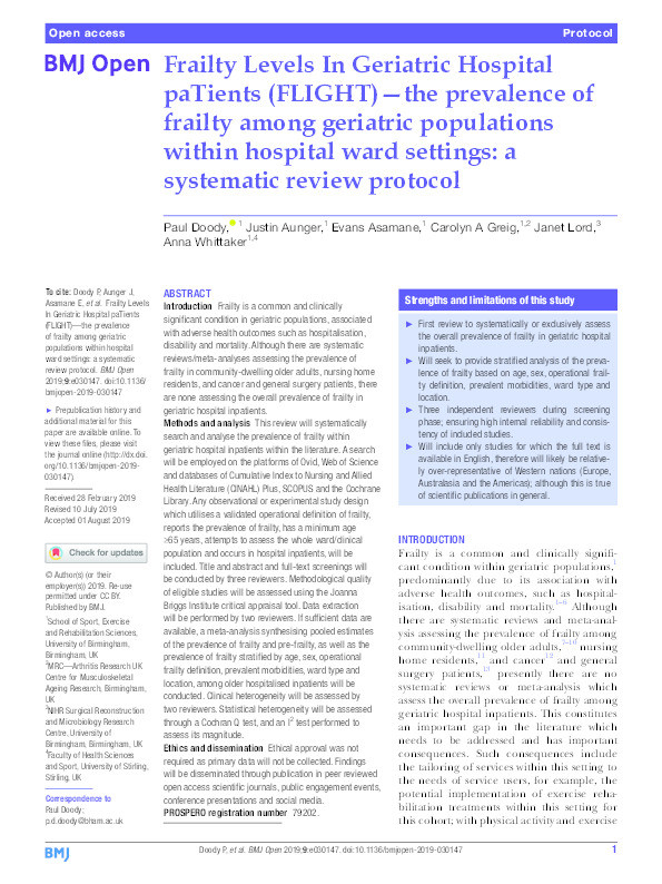 Frailty Levels In Geriatric Hospital paTients (FLIGHT)-the prevalence of frailty among geriatric populations within hospital ward settings: a systematic review protocol. Thumbnail