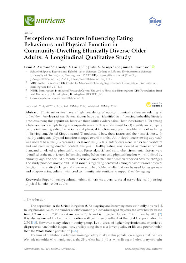 Perceptions and Factors Influencing Eating Behaviours and Physical Function in Community-Dwelling Ethnically Diverse Older Adults: A Longitudinal Qualitative Study Thumbnail