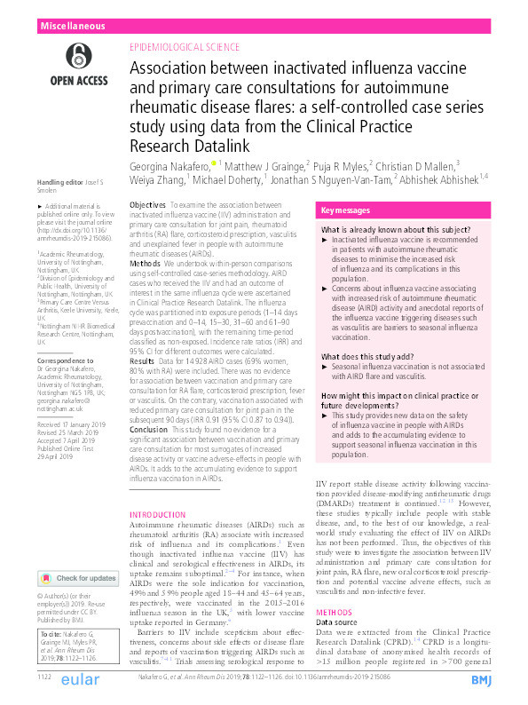 Association between inactivated influenza vaccine and primary care consultations for autoimmune rheumatic disease flares: a self-controlled case series study using data from the Clinical Practice Research Datalink. Thumbnail