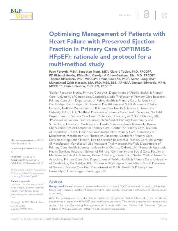 Optimising Management of Patients with Heart Failure with Preserved Ejection Fraction in Primary Care (OPTIMISE-HFpEF): Rationale and Protocol for a Multi-Method Study Thumbnail