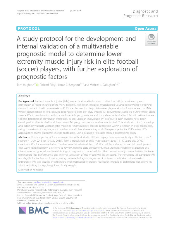 A study protocol for the development and internal validation of a multivariable prognostic model to determine lower extremity muscle injury risk in elite football (soccer) players, with further exploration of prognostic factors Thumbnail