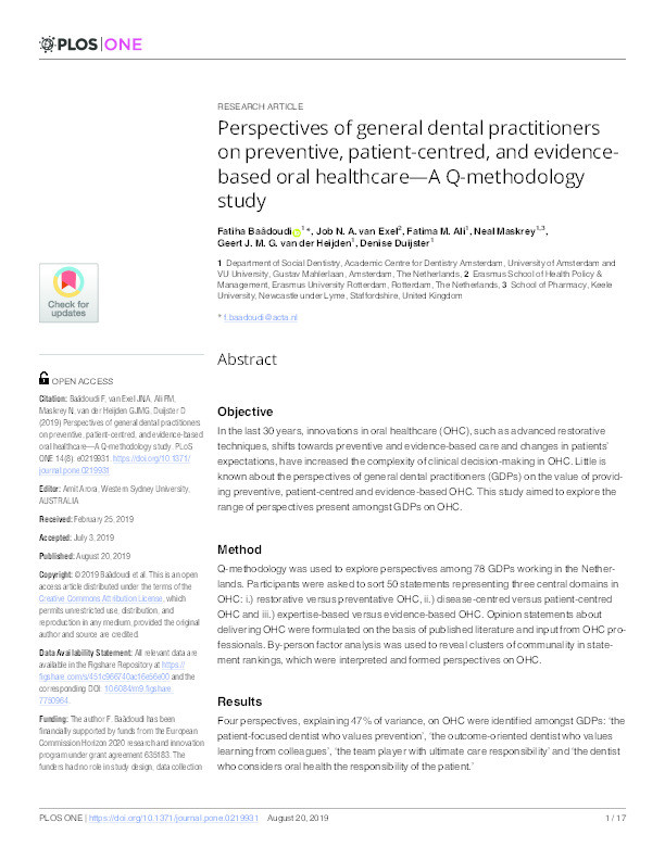 Perspectives of general dental practitioners on preventive, patient-centred, and evidence-based oral healthcare—A Q-methodology study Thumbnail