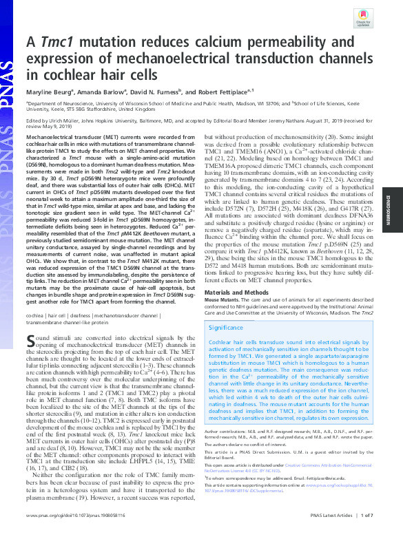 A Tmc1 mutation reduces calcium permeability and expression of mechanoelectrical transduction channels in cochlear hair cells. Thumbnail