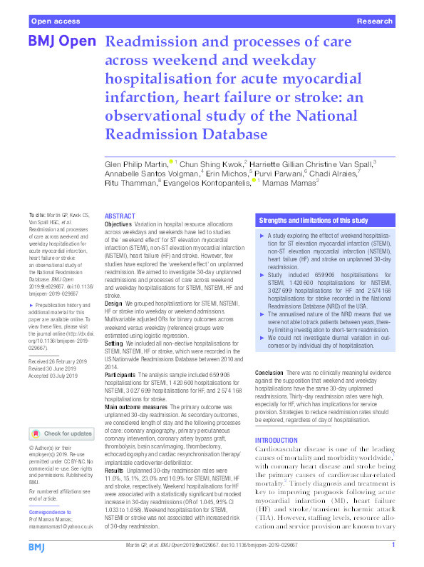 Readmission and processes of care across weekend and weekday hospitalisation for acute myocardial infarction, heart failure or stroke: an observational study of the National Readmission Database. Thumbnail
