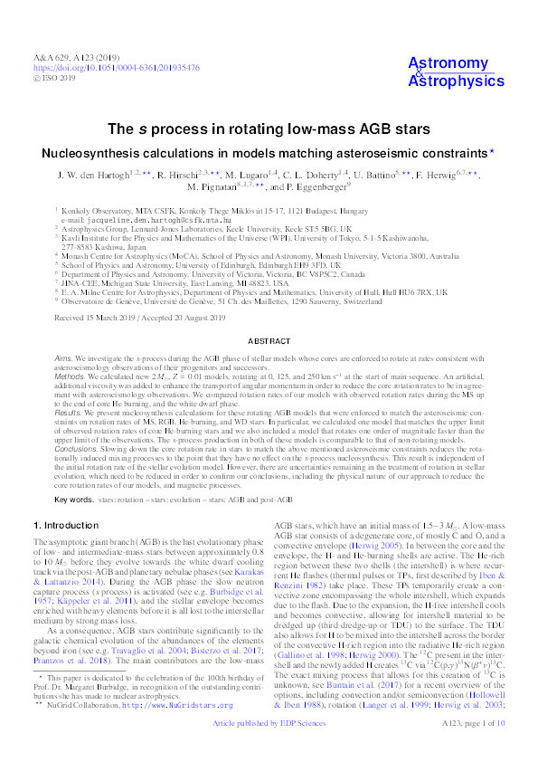 The s process in rotating low-mass AGB stars - Nucleosynthesis calculations in models matching asteroseismic constraints Thumbnail