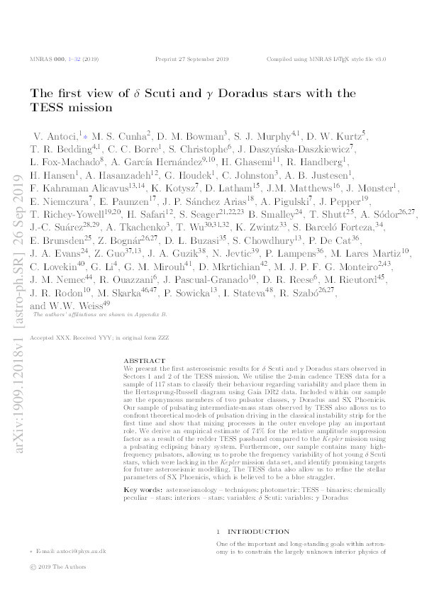 The first view of δ Scuti and γ Doradus stars with the TESS mission Thumbnail