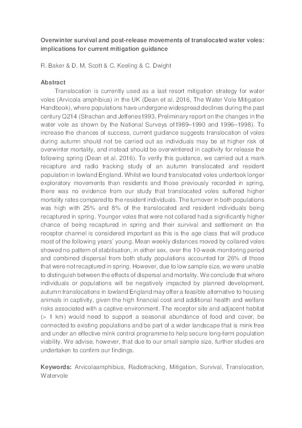 Overwinter survival and post-release movements of translocated water voles: implications for current mitigation guidance Thumbnail