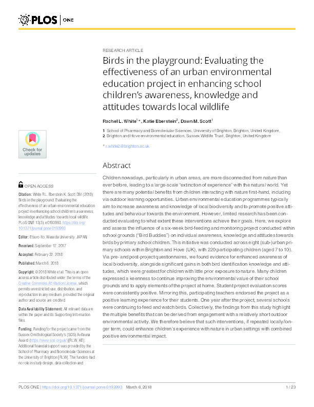 Birds in the playground: Evaluating the effectiveness of an urban environmental education project in enhancing school children's awareness, knowledge and attitudes towards local wildlife. Thumbnail