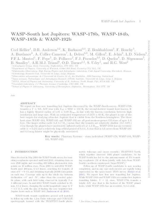 WASP-South hot Jupiters: WASP-178b, WASP-184b, WASP-185b &amp; WASP-192b Thumbnail