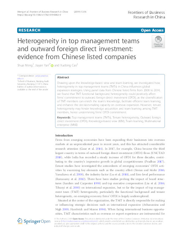 Heterogeneity in top management teams and outward foreign direct investment: evidence from Chinese listed companies Thumbnail