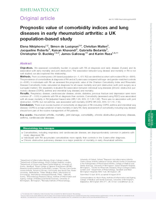Prognostic value of comorbidity indices and lung diseases in early rheumatoid arthritis: a UK population-based study Thumbnail