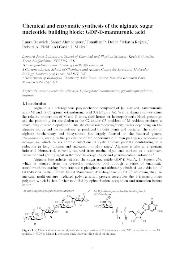 Chemical and enzymatic synthesis of the alginate sugar nucleotide building block: GDP-d-mannuronic acid Thumbnail
