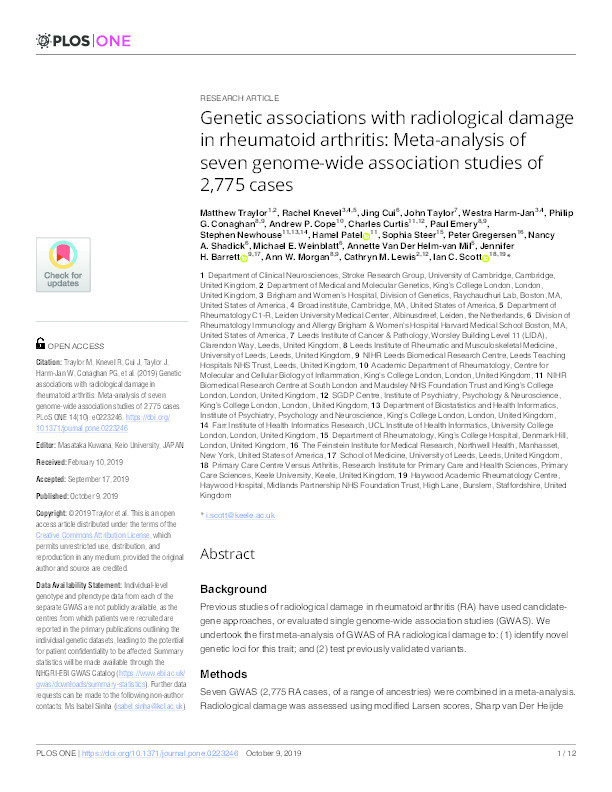Genetic associations with radiological damage in rheumatoid arthritis: Meta-analysis of seven genome-wide association studies of 2,775 cases Thumbnail
