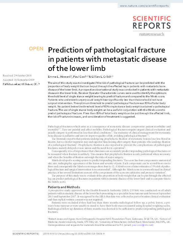 Prediction of pathological fracture in patients with metastatic disease of the lower limb Thumbnail