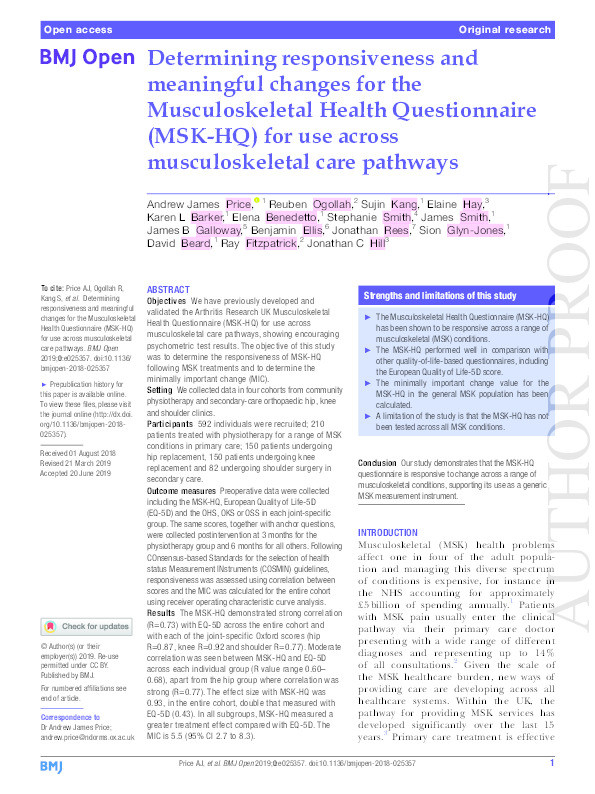 Determining responsiveness and meaningful changes for the Musculoskeletal Health Questionnaire (MSK-HQ) for use across musculoskeletal care pathways. Thumbnail