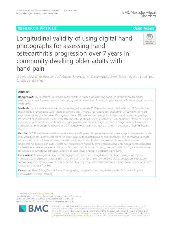 Longitudinal validity of using digital hand photographs for assessing hand osteoarthritis progression over 7 years in community-dwelling older adults with hand pain Thumbnail