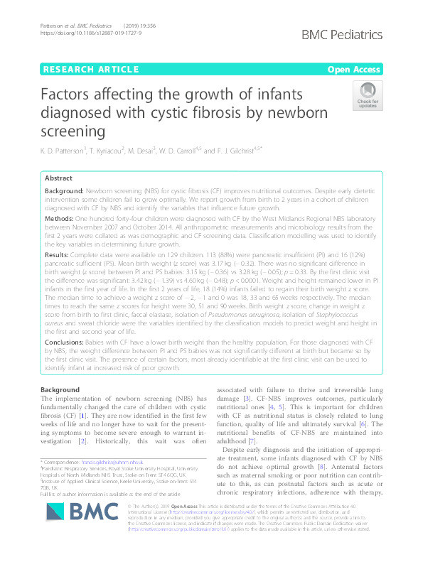 Factors affecting the growth of infants diagnosed with cystic fibrosis by newborn screening Thumbnail