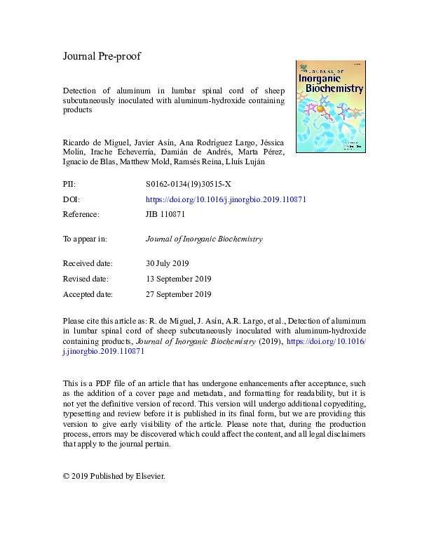 Detection of aluminum in lumbar spinal cord of sheep subcutaneously inoculated with aluminum-hydroxide containing products Thumbnail