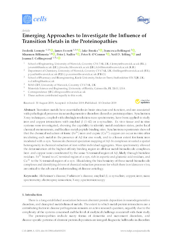 Emerging Approaches to Investigate the Influence of Transition Metals in the Proteinopathies Thumbnail