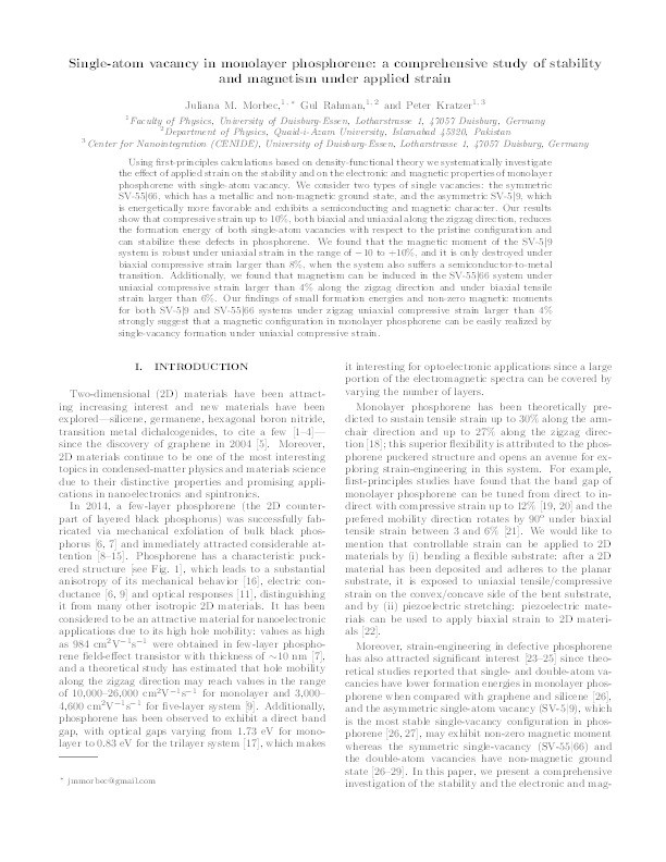 Single-atom vacancy in monolayer phosphorene: A comprehensive study of stability and magnetism under applied strain Thumbnail