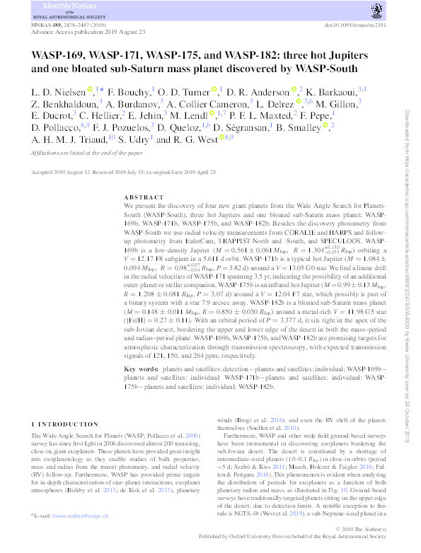 WASP-169, WASP-171, WASP-175, and WASP-182: three hot Jupiters and one bloated sub-Saturn mass planet discovered by WASP-South Thumbnail