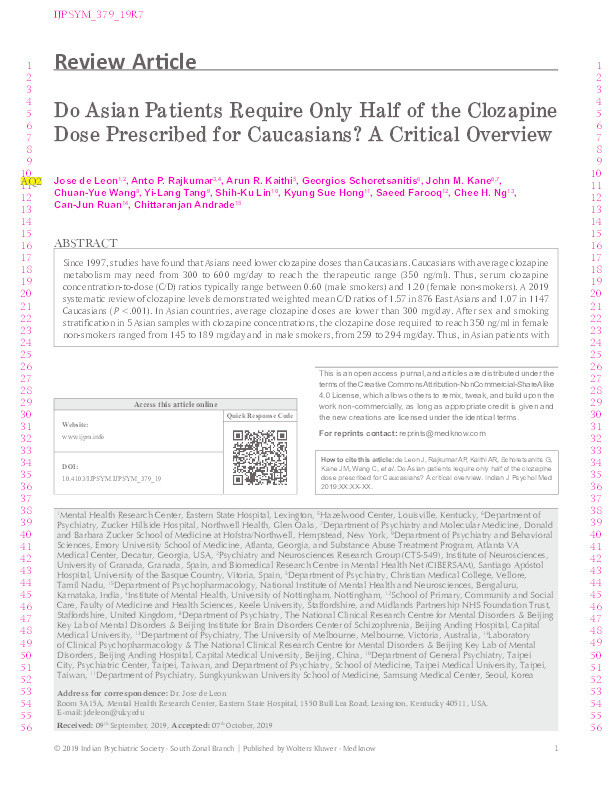 Do Asian Patients Require Only Half of the Clozapine Dose Prescribed for Caucasians? A Critical Overview Thumbnail