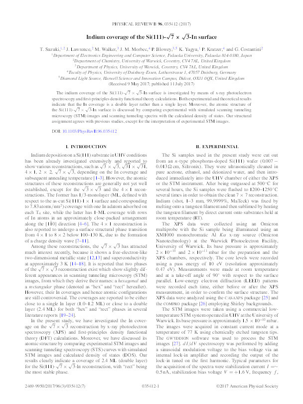 Indium coverage of the Si(111)- 7×3 -In surface Thumbnail