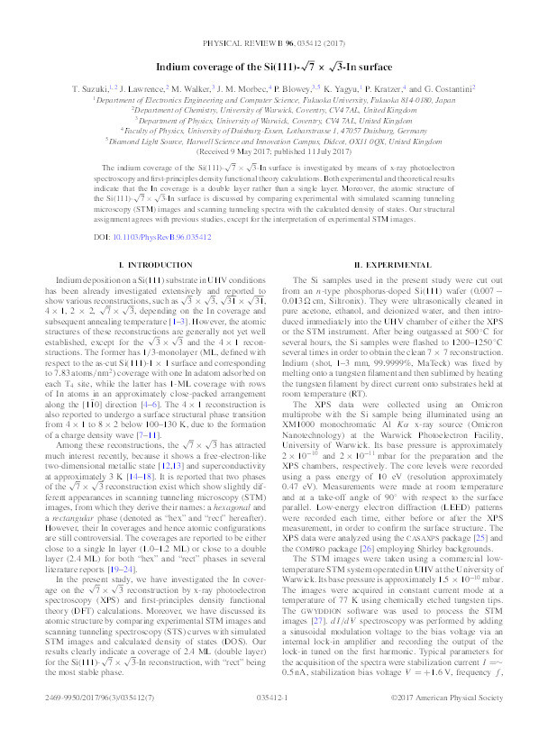 Indium coverage of the Si(111)- 7×3 -In surface Thumbnail