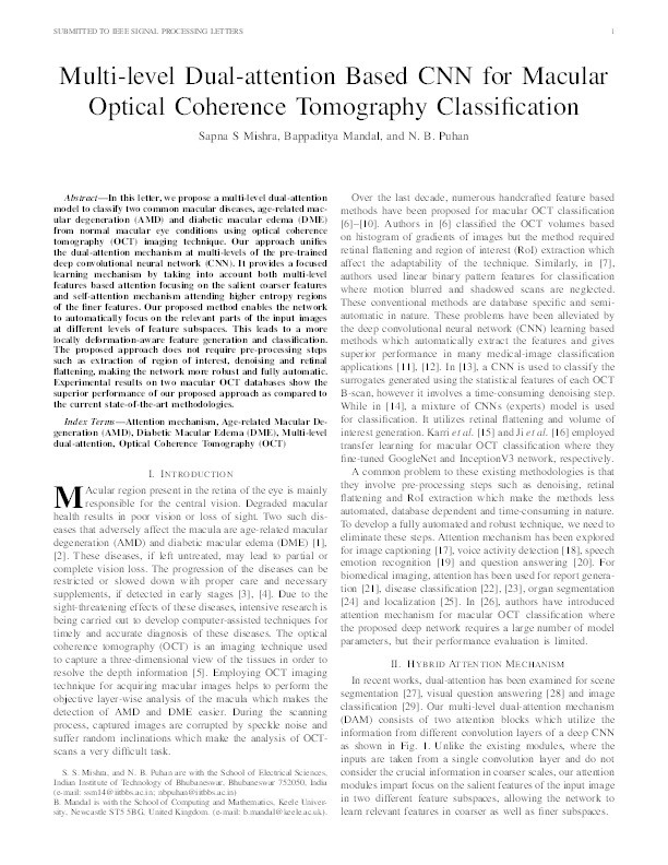 Multi-level Dual-attention Based CNN for Macular Optical Coherence Tomography Classification Thumbnail