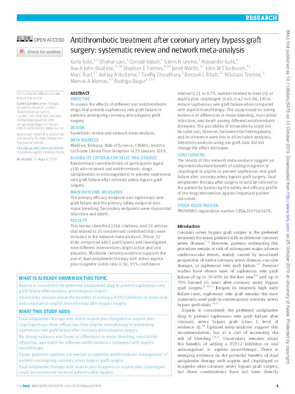 Antithrombotic treatment after coronary artery bypass graft surgery: systematic review and network meta-analysis. Thumbnail