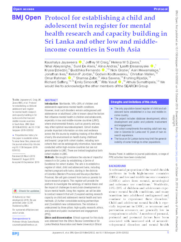Protocol for establishing a child and adolescent twin register for mental health research and capacity building in Sri Lanka and other low and middle-income countries in South Asia Thumbnail