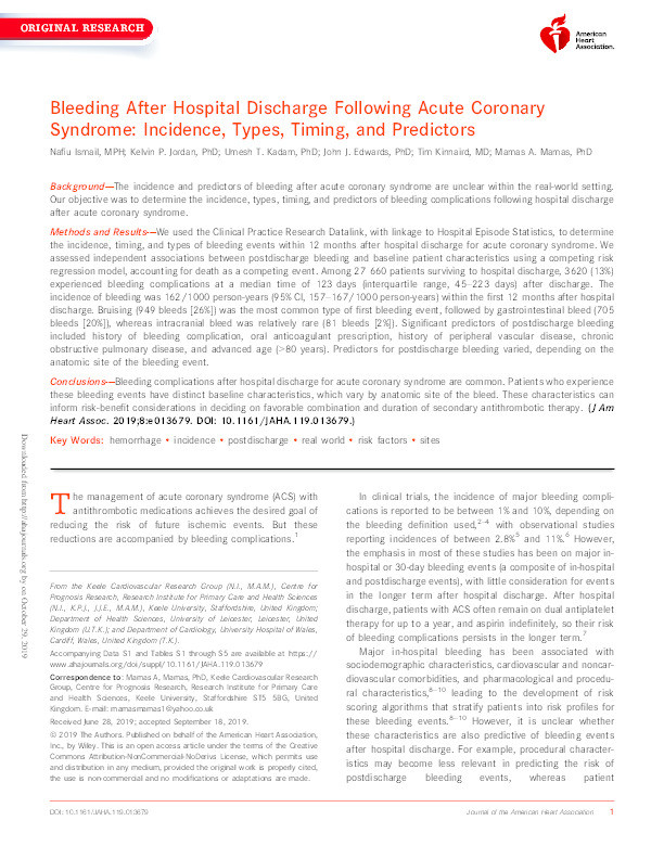 Bleeding After Hospital Discharge Following Acute Coronary Syndrome: Incidence, Types, Timing, and Predictors Thumbnail