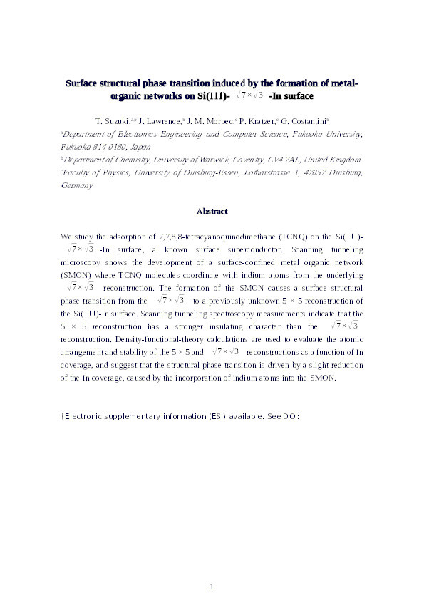 Surface structural phase transition induced by the formation of metal–organic networks on the Si(111)-v7×v3-In surface Thumbnail