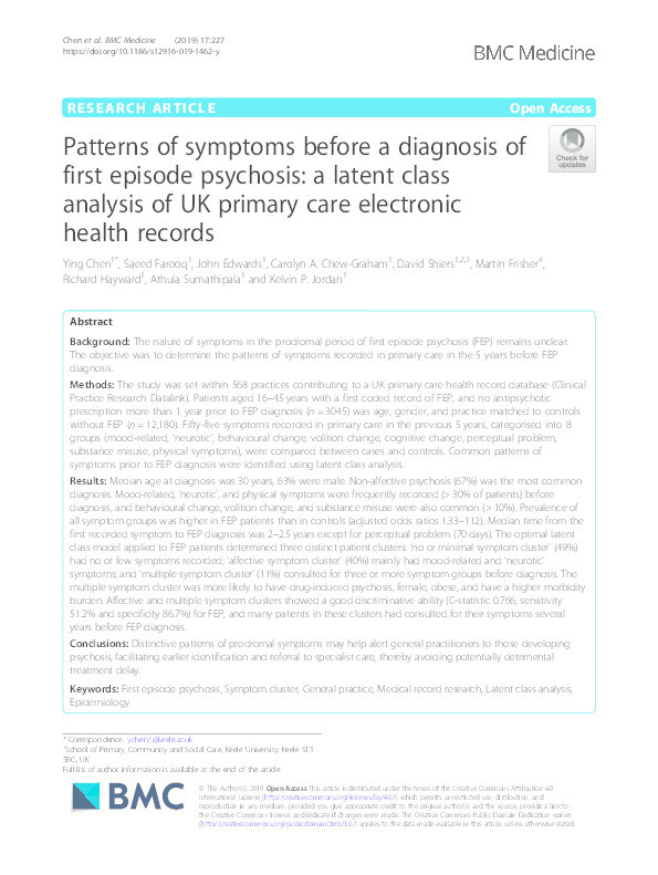Patterns of symptoms before a diagnosis of first episode psychosis: a latent class analysis of UK primary care electronic health records. Thumbnail