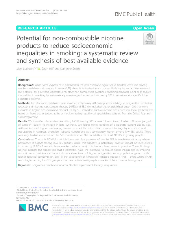 Potential for non-combustible nicotine products to reduce socioeconomic inequalities in smoking: a systematic review and synthesis of best available evidence Thumbnail