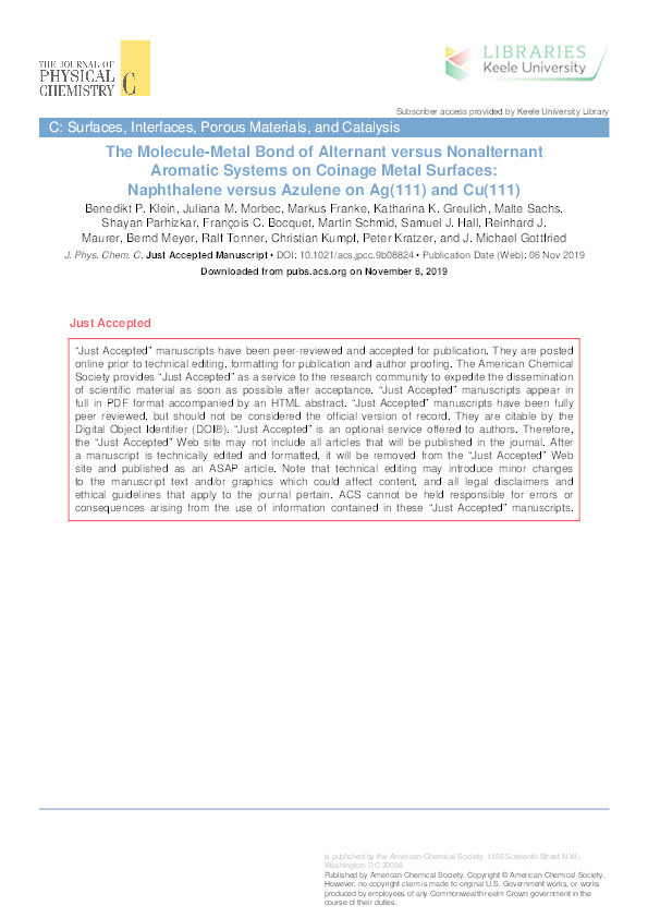 The Molecule-Metal Bond of Alternant versus Nonalternant Aromatic Systems on Coinage Metal Surfaces: Naphthalene versus Azulene on Ag(111) and Cu(111) Thumbnail