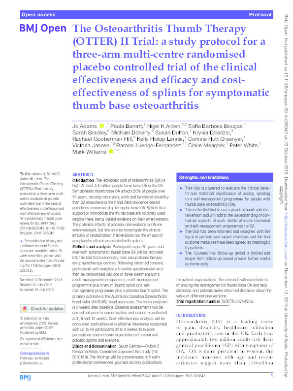 The Osteoarthritis Thumb Therapy (OTTER) II Trial: a study protocol for a three-arm multi-centre randomised placebo controlled trial of the clinical effectiveness and efficacy and cost-effectiveness of splints for symptomatic thumb base osteoarthritis Thumbnail