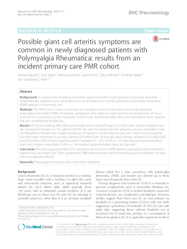 Possible giant cell arteritis symptoms are common in newly diagnosed patients with Polymyalgia Rheumatica: results from an incident primary care PMR cohort Thumbnail