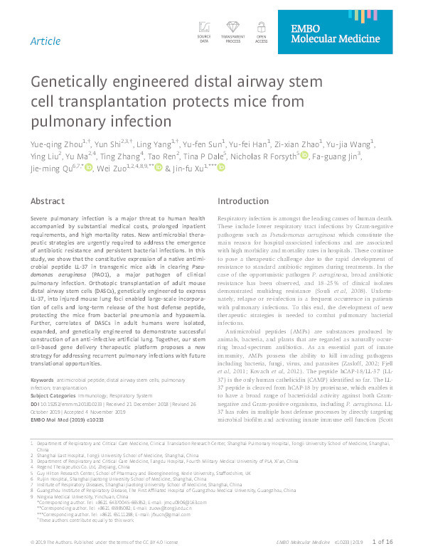 Genetically engineered distal airway stem cell transplantation protects mice from pulmonary infection Thumbnail