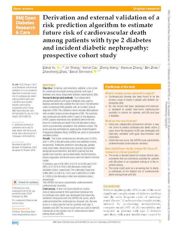 Derivation and external validation of a risk prediction algorithm to estimate future risk of cardiovascular death among patients with type 2 diabetes and incident diabetic nephropathy: prospective cohort study Thumbnail