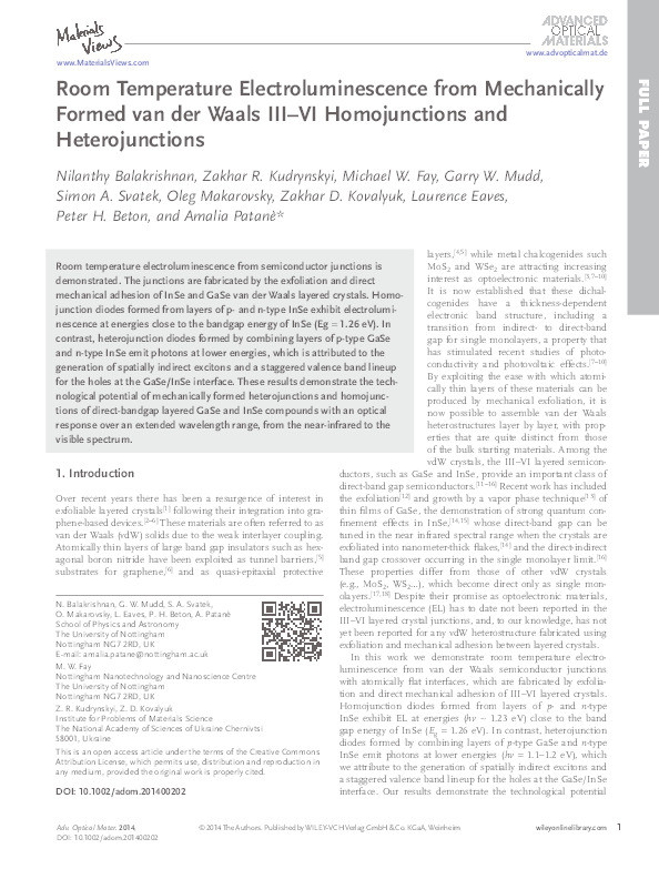 Room Temperature Electroluminescence from Mechanically Formed van der Waals III-VI Homojunctions and Heterojunctions Thumbnail