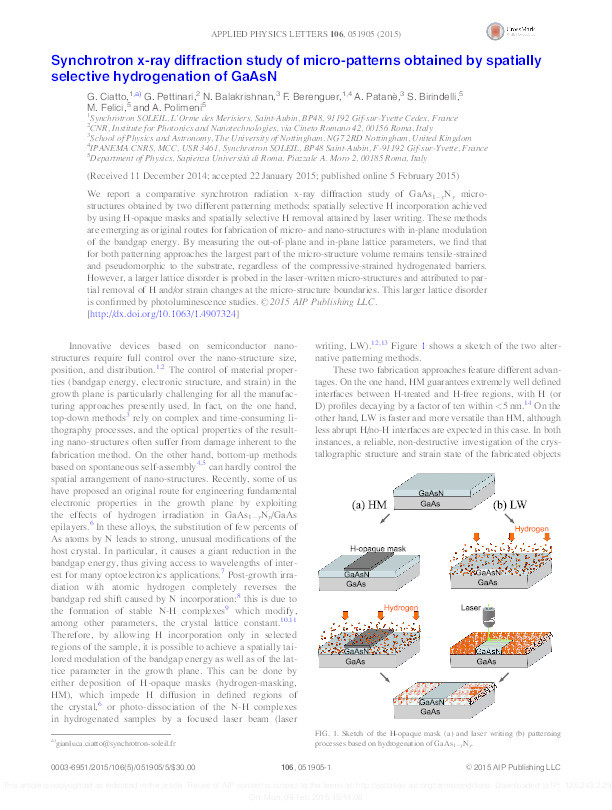 Synchrotron x-ray diffraction study of micro-patterns obtained by spatially selective hydrogenation of GaAsN Thumbnail