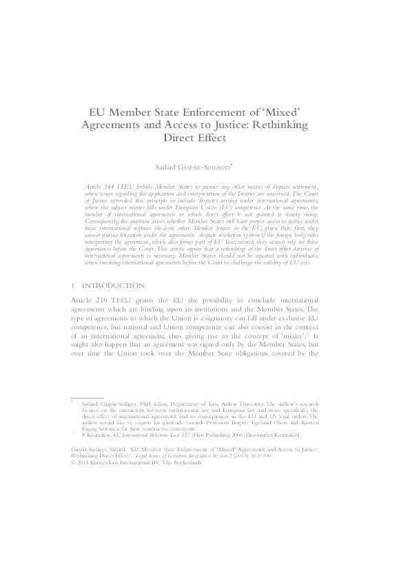 EU Member State Enforcement of ‘Mixed’ Agreements and Access to Justice: Rethinking Direct Effect Thumbnail