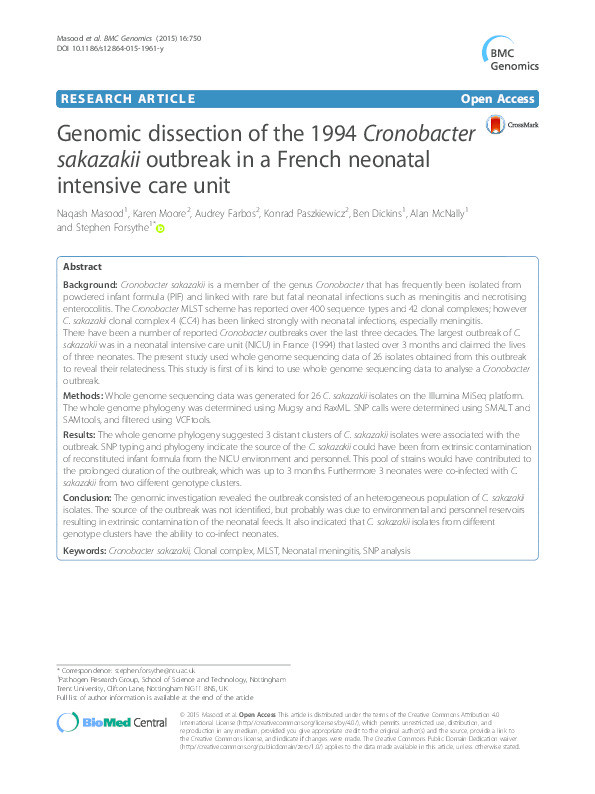 Genomic dissection of the 1994 Cronobacter sakazakii outbreak in a French neonatal intensive care unit Thumbnail