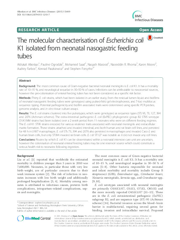 The molecular characterisation of Escherichia coli K1 isolated from neonatal nasogastric feeding tubes Thumbnail
