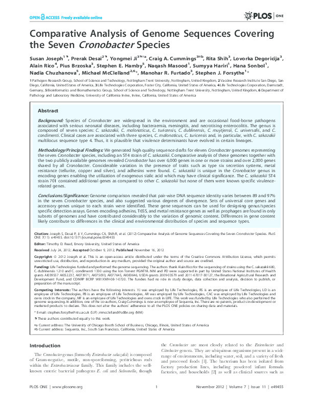 Comparative Analysis of Genome Sequences Covering the Seven Cronobacter Species Thumbnail