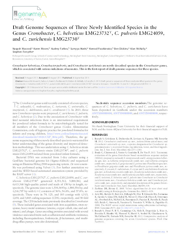 Draft Genome Sequences of Three Newly Identified Species in the Genus Cronobacter, C. helveticus LMG23732T, C. pulveris LMG24059, and C. zurichensis LMG23730T Thumbnail