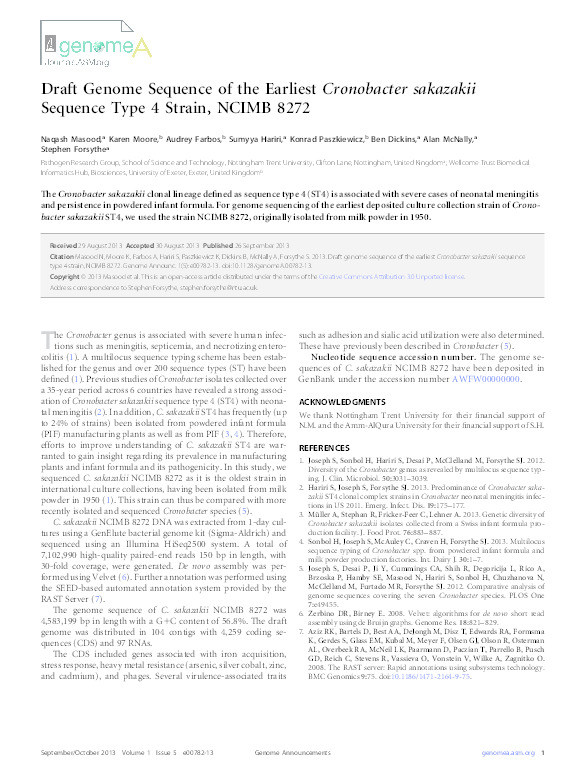 Draft Genome Sequence of the Earliest Cronobacter sakazakii Sequence Type 4 Strain, NCIMB 8272 Thumbnail
