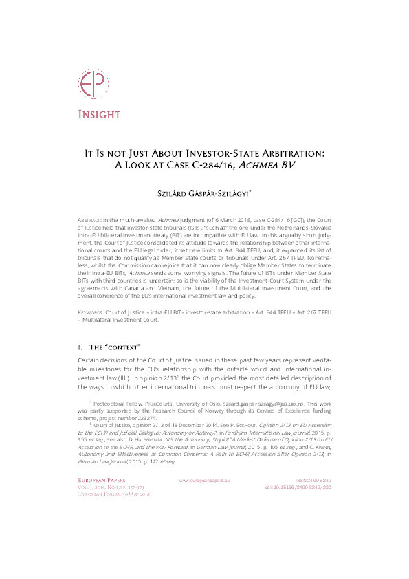 It Is not Just About Investor-State Arbitration: A Look at Case C-284/16, Achmea BV Thumbnail