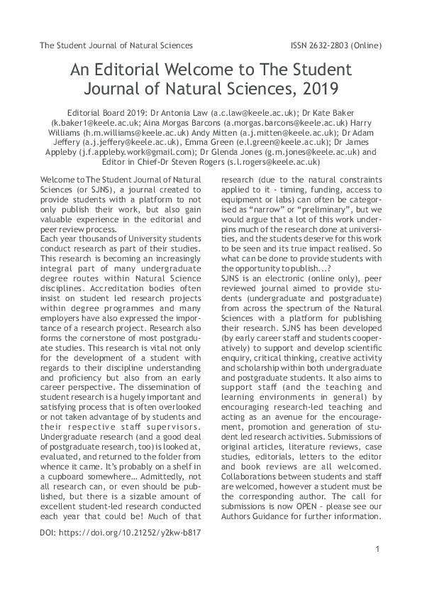 An Editorial Welcome to The Student Journal of Natural Sciences, 2019 Thumbnail
